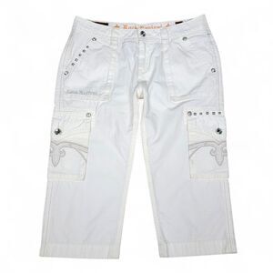 Rock Revival Capri Pants Women's 32 White Ripstop Cargo Pocket Studded Y2K